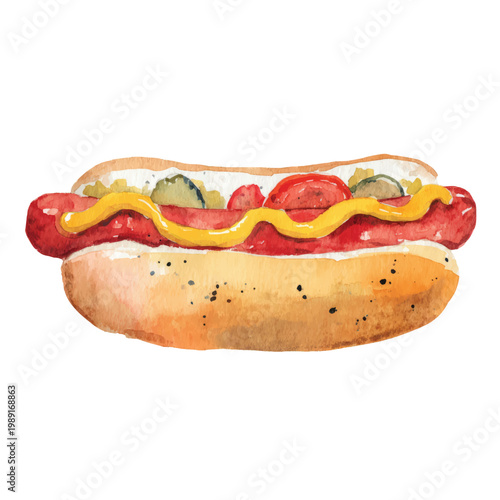 Delicious hot dog with mustard toppings.
