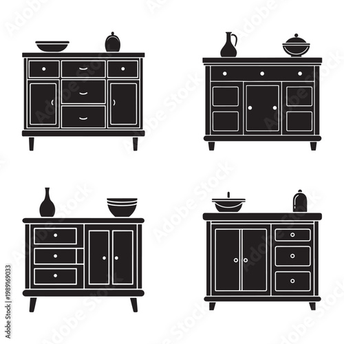 Four black and white sideboards with various kitchen items on top  furniture design elements  home decor ideas  interior design inspiration