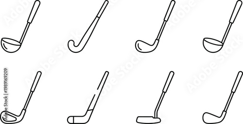 Golf Club Icon Set with Different Types of Clubs in Minimal Outline Style for Sports Design, Equipment Illustration, App Interface, and Web Graphics