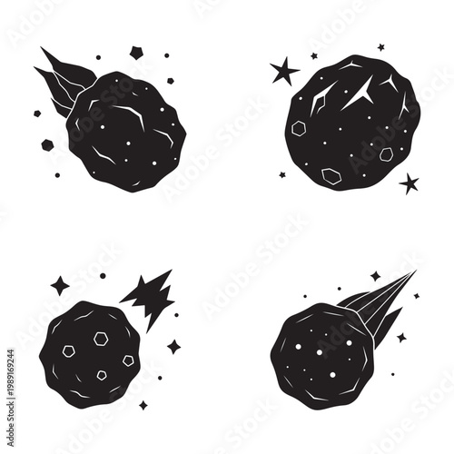 Four black asteroids with white details and stars in space  meteorites with tails and sparks flying around them in a celestial scene