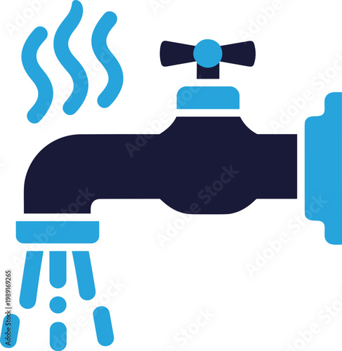 Illustration of a dark blue and blue faucet dispensing hot steaming water into a sink.