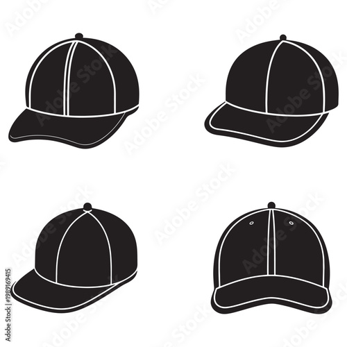 Four black baseball caps with white outlines in different angles and positions  isolated on white background
