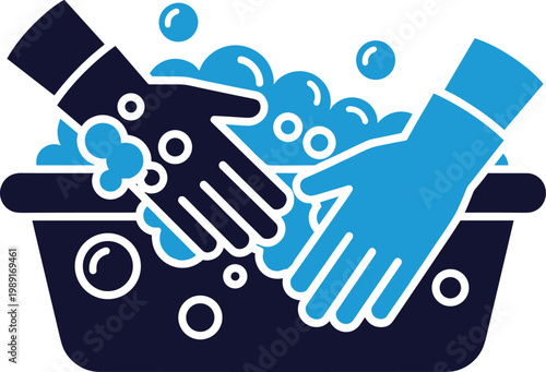 Manual laundry wash in basin with soapy bubbles and human hands for deep fabric cleaning and household maintenance symbol.