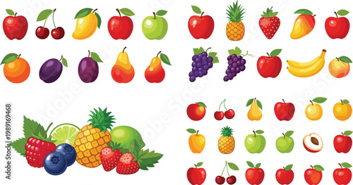 Large fruit icons collection with apples, berries, grapes, pineapple, banana, peach and tropical fruits vector illustration healthy food set
