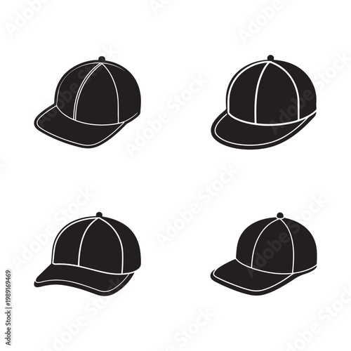 Four black baseball caps with white outlines shown from different angles on white background  simple iconic silhouette style