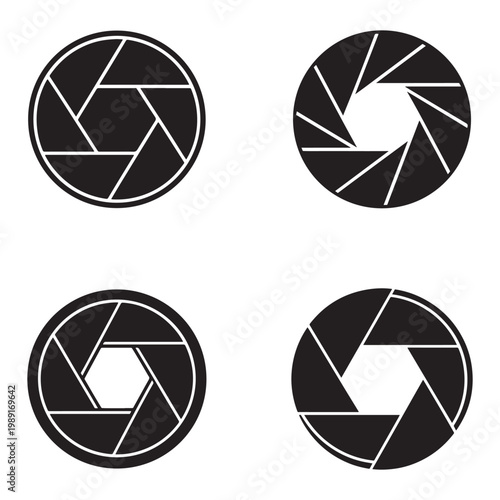 Four black camera shutter icons in different shapes and designs on white background  shutter  camera icons