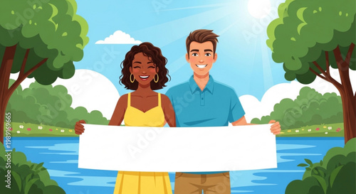 Diverse couple holding blank banner in sunny park concept for advertising or announcement flat vector illustration