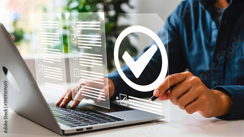 Person interacting with a digital interface, completing online forms and data validation, with a prominent checkmark icon indicating successful task accomplishment and secure approval
