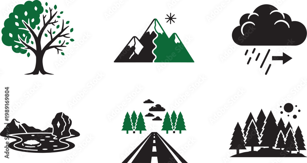 Fototapeta premium Nature and environment icon set featuring trees, mountains, rain cloud, and forest landscapes