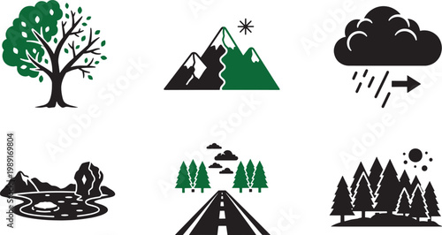 Nature and environment icon set featuring trees, mountains, rain cloud, and forest landscapes