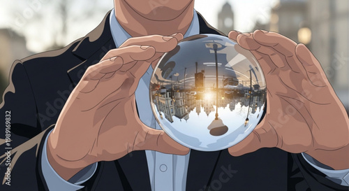Businessman holding crystal ball reflecting city skyline concept of future vision and business foresight isolated on white