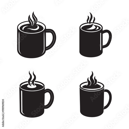 Four black coffee cups with steam rising from the top in different positions isolated on white background