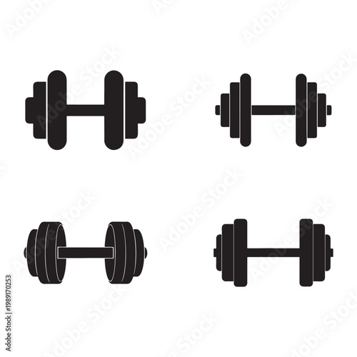Four black dumbbell icons in different angles for fitness and workout concepts  exercise equipment for strength training and weightlifting routines