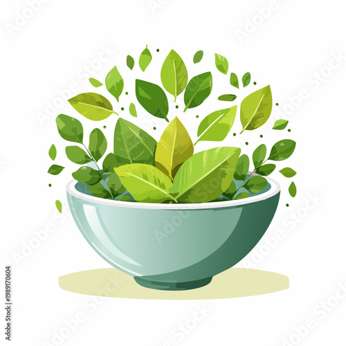 A bowl of green leaves in a bowl.