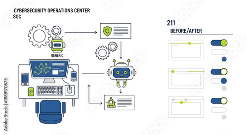 Cybersecurity operations center concept data flow and visual representation
