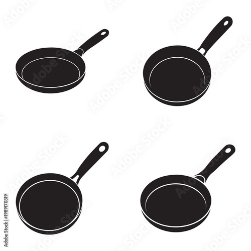 Four black frying pans in different angles and positions on white background  kitchen utensils for cooking and food preparation