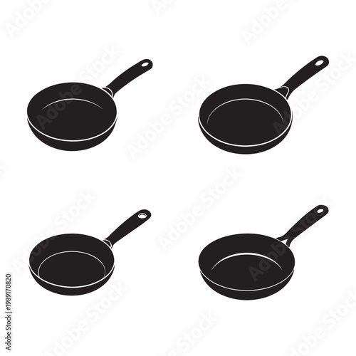 Four black frying pans with handles on white background  kitchen cookware  cooking utensils