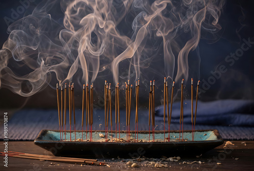 Numerous Incense Sticks Burning Emitting Wisps of Smoke in a Dark Room