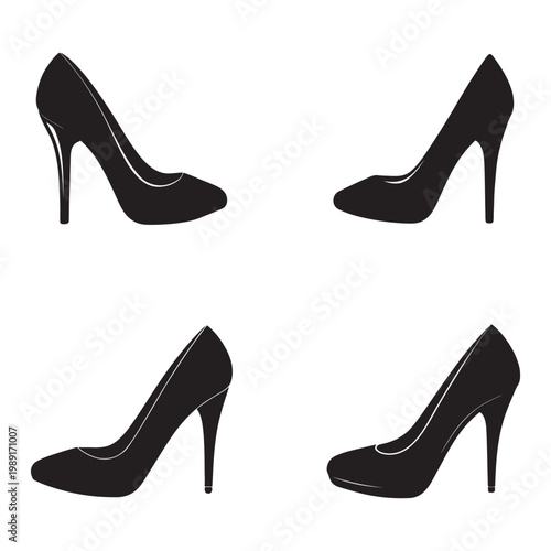 Four black high heel shoes in different angles and positions  isolated on white background