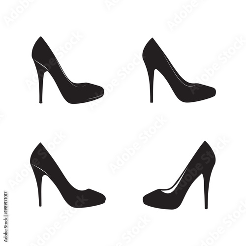 Four black highheeled shoes in different angles on white background