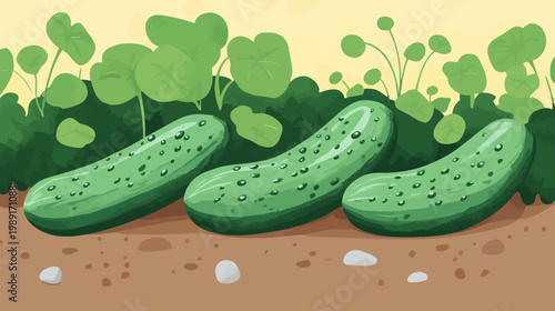 Artistic depiction of three fresh, green cucumbers nestled in soil with lush foliage. Simple, clean design