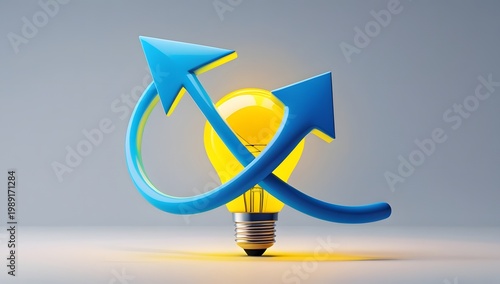 Stylized 3D illustration of a vibrant glowing yellow light bulb with a smooth blue upward trending arrow