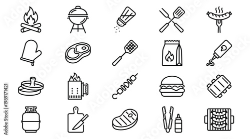 Barbecue and grilling icon set essential tools and food for outdoor cooking