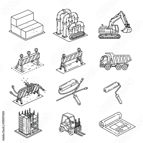 A detailed set of isometric black and white line art icons illustrating various construction tools, heavy machinery, and industrial equipment.