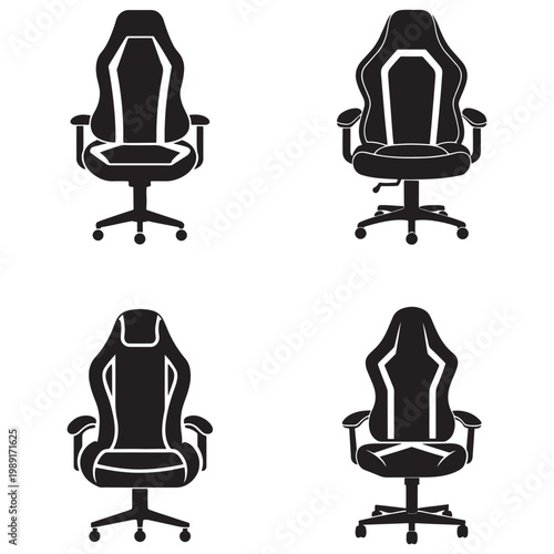 Four black office chairs with wheels in different positions and angles on white background  office furniture  chair designs
