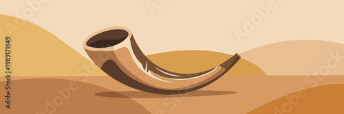Rosh Hashanah banner with shofar horn in desert landscape, traditional Jewish New Year symbol in minimalist flat illustration for greeting card or festive design