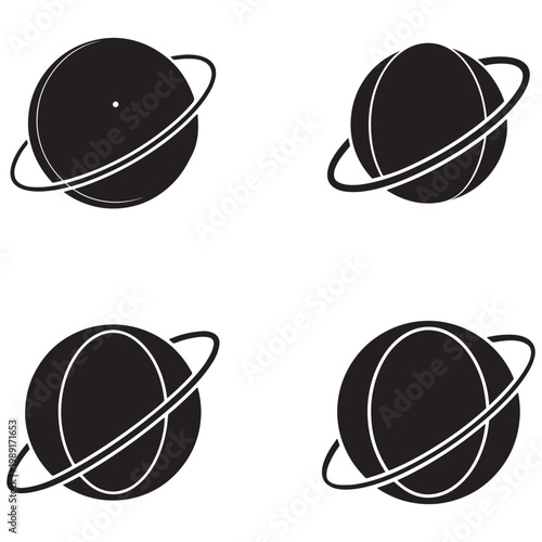 Four black planet icons with rings in different positions on white background  isolated graphics for astronomy and space design