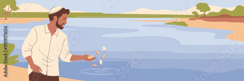 Jewish man performing Tashlich ritual at river for Rosh Hashanah, spiritual reflection and forgiveness tradition in calm landscape illustration for holiday design