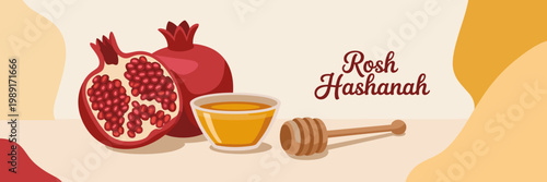 Rosh Hashanah banner with pomegranate, honey and dipper, traditional Jewish New Year symbols in flat illustration for greeting card, social media or festive design