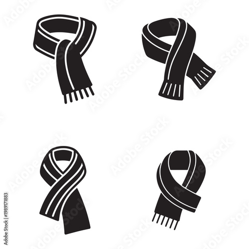 Four black scarf silhouettes with white stripes on a white background in different positions and folds  scarf icon set