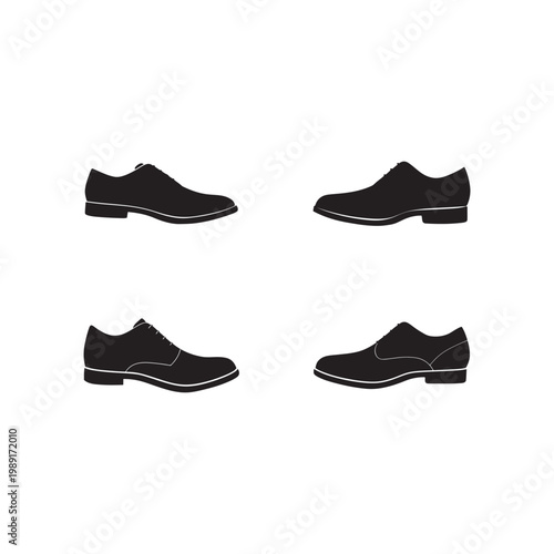 Four black shoes with white outlines side view  different styles and laces  formal footwear  isolated on white background