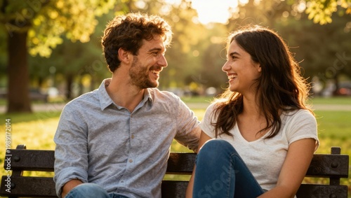 Young couple laughing together while sitting on park bench