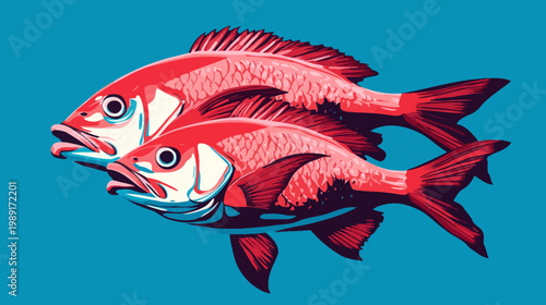 Illustration of two vibrant red fish, pixelated, swimming in a teal background. Close-up on the head
