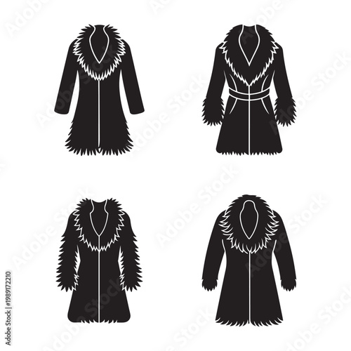 Four black silhouette coats with fur trim and hoods  winter clothing  fashion  outerwear  coats  jackets  clothing