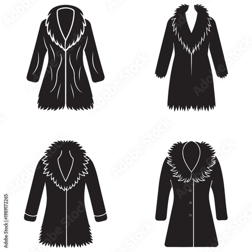 Four black silhouette coats with fur trim and hoods in different views  coats with fur hoods and cuffs