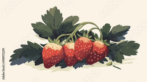 A cluster of ripe red strawberries with green leaves. Delicate and illustrative style