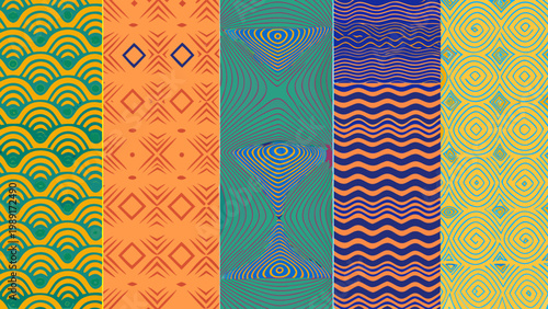 A vibrant collage of six vertically arranged patterned backgrounds with distinct colors