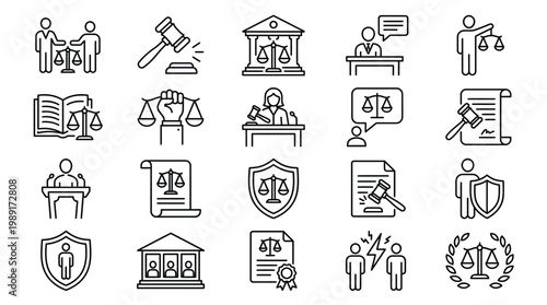 Legal system and justice icons a comprehensive collection of line art illustrations