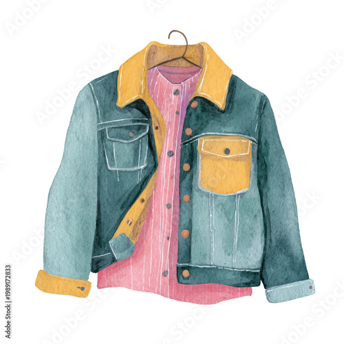 Denim jacket with yellow accents.