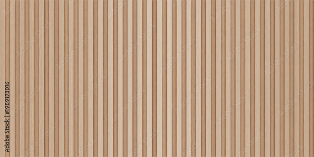 Obraz premium SEAMLESS background of light wooden wall panel, natural wood paneling texture, decorative accent wall or acoustic panel design, repeating pattern. 