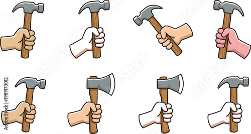 Hands Holding Hammer and Axe Tool Vector Set with Different Skin Tones for Construction, Carpentry, Repair Work, DIY Projects, and Industrial Design Illustration