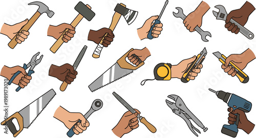 Hand Tools Vector Set with Hammer, Saw, Wrench, Screwdriver, Drill, and Measuring Tape Held by Diverse Hands for Construction, Repair, and DIY Work Design