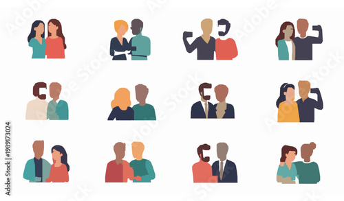 Friendship and love scenes vector collection with happy people meeting talking and taking selfies flat design
