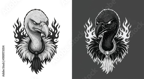 Stylized black and white vulture heads with fierce expressions, feathered collars, pendants, and flames in a detailed illustration.