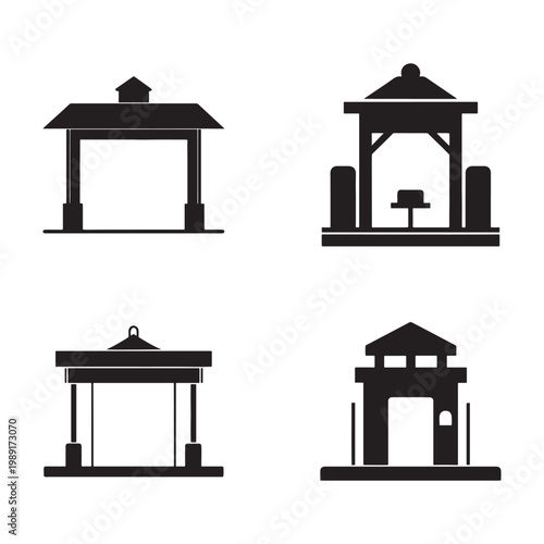 Four black silhouettes of different gazebos and pavilions with roofs and various architectural details on white background  simple iconic designs