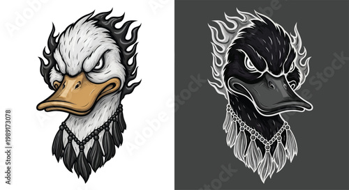 Fierce duck head illustration with stylized flames and ornate collar, presented in two contrasting versions: a white duck on a light background and a black duck on a dark background.